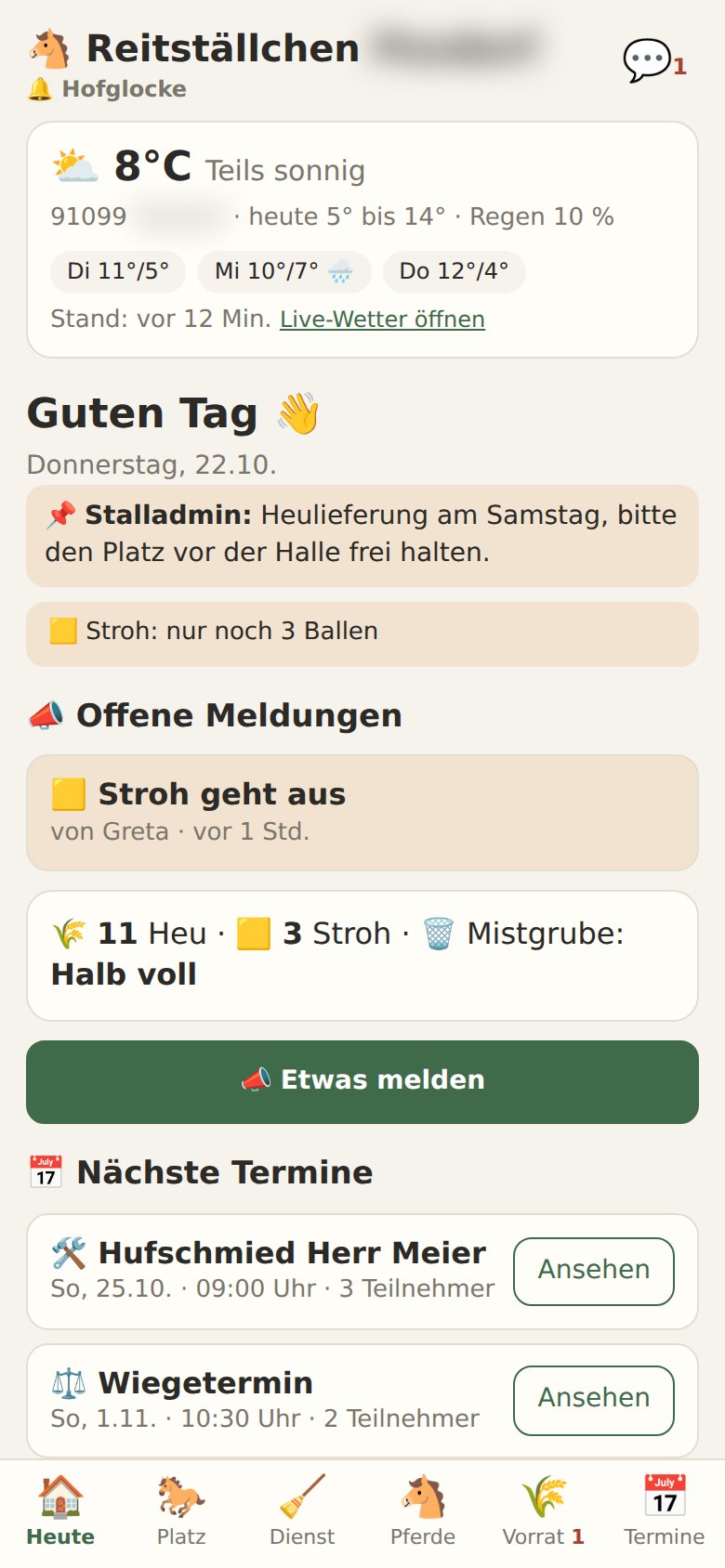 Screenshot: Startseite der App mit Wetter, Meldungen und Terminen