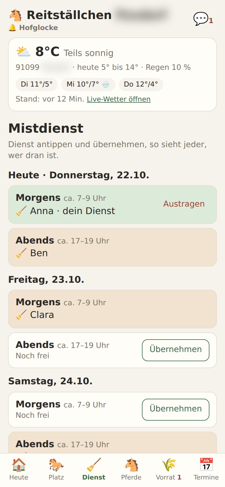 Screenshot: Mistdienst-Plan mit Diensten morgens und abends