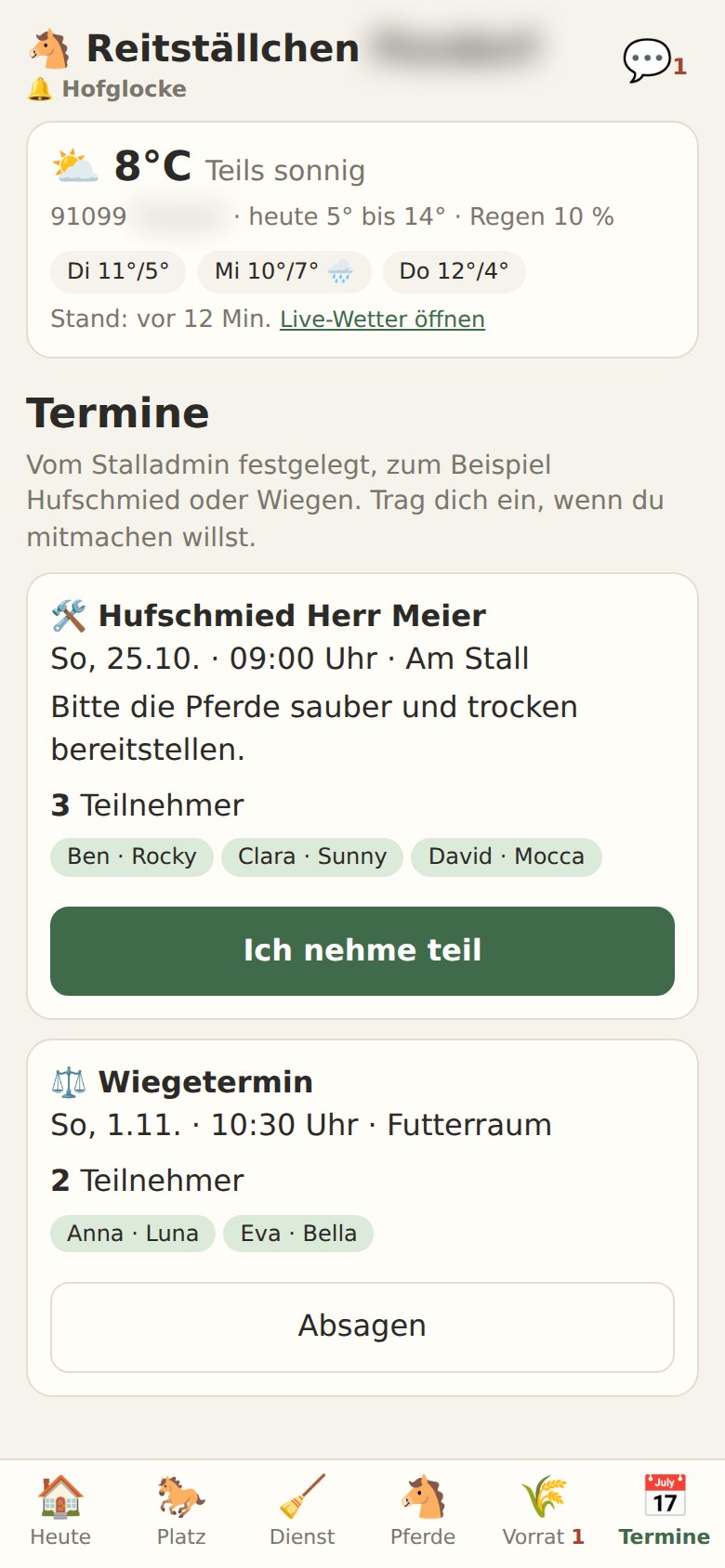 Screenshot: Termine wie Hufschmied und Wiegetermin mit Teilnehmern