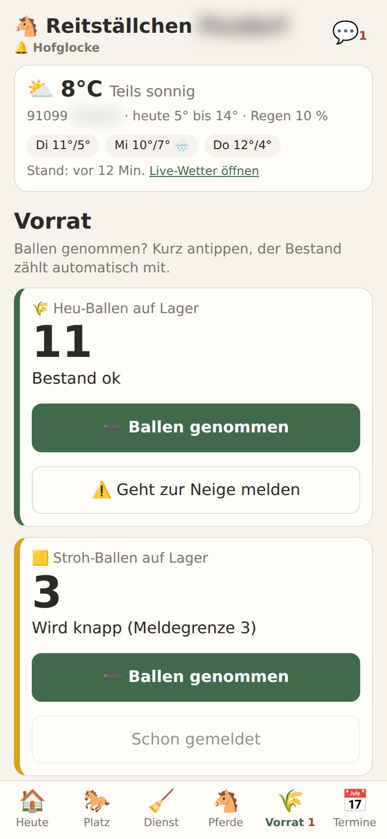 Screenshot: Heu- und Strohbestand mit Meldung